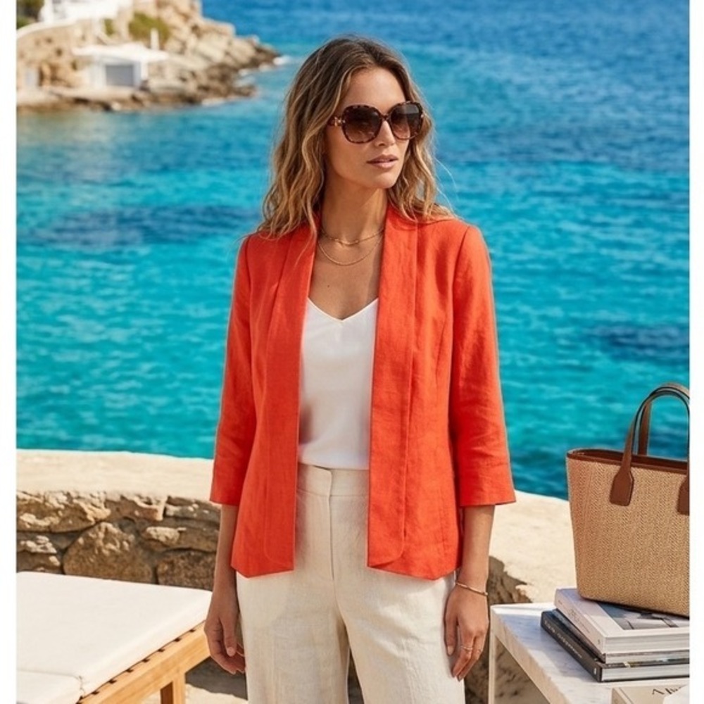 Kasper Coral Orange Linen Blend Open-Front Blazer M Euro Summer Coastal Luxury